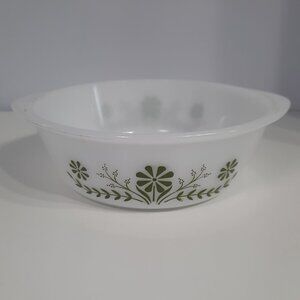 Vintage Ovenware Milk Glass Casserole 514 2 Qt Green Floral Mid Century USA